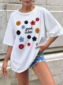 EURMUSE 女士花卉刺绣圆领落肩宽松休闲 T 恤 - 白色 - 查看 6