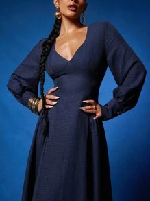 NYA SZN 连衣裙长袖深 V 领修身特殊场合端庄早午餐婚礼宾客新娘派对约会商务休闲长款秋季女士服装 - 藍色 - 查看 6