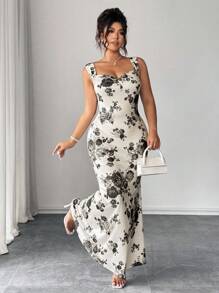 Elenzga 永不过时的怪异优雅系列（Woe Is Me Vibes）（星期三美学）优雅花卉印花垂坠领长裙 - 白色 - 查看 8