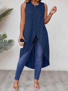 EMERY ROSE Plus Size Solid Color Wrap Asymmetric Hem Long Tank Top For Summer - Navy Blue - View 5