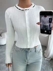 Elenzga 秋冬新款复古圆领蕾丝边青春修身休闲女开衫 - 彩色 - 查看 7