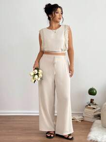 SHEIN Frenchy Damen Große Größen Spitze Patchwork Flügelärmel Lässig 2-Teiler Set, modischer Lässig stil für den Alltag, marineblau Ausgehsets