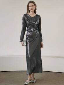 Uhlyne 女士简约度假连衣裙，V 领长袖手工褶裥系带裹腰连衣裙，金属灰色，秋季