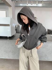 SHEIN 少女宽松连帽外套，休闲短款飞行员夹克卫衣，春秋季 - 深灰色 - 查看 4