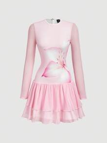 SHEIN MOD Pink Floral Cute Tea Party Autumn Women's Dreamy Oversized Mesh Long Sleeve Slim Dress,Double-Layered Cake Skirt,Date,Prom,Birthday Outfit - Pink - View 1