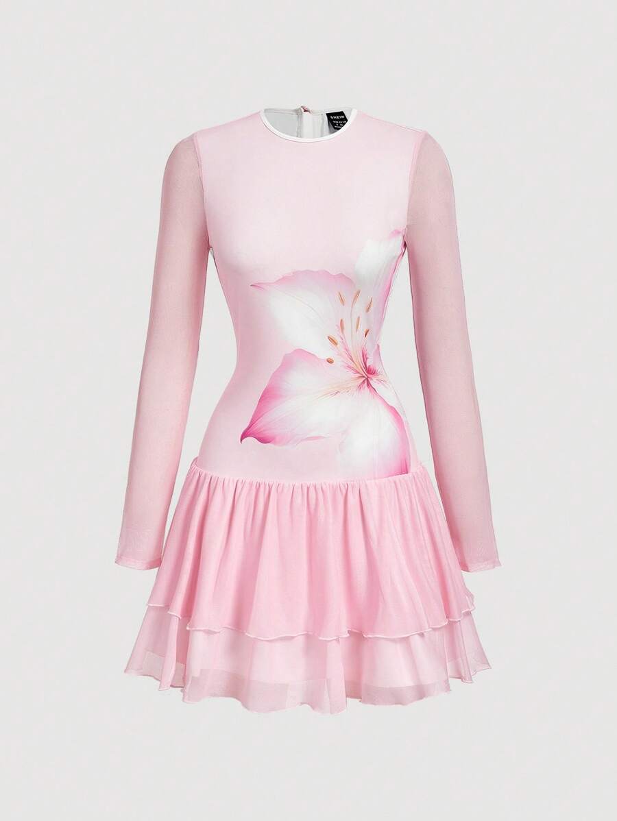 SHEIN MOD Pink Floral Cute Tea Party Autumn Women's Dreamy Oversized Mesh Long Sleeve Slim Dress,Double-Layered Cake Skirt,Date,Prom,Birthday Outfit - Pink - View 1