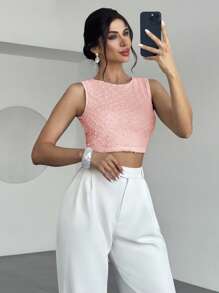 Firerie Women's Apricot Crew Neck Sleeveless Backless T-Shirt Top, Textured Fabric Top, Summer Top, Women's Casual Holiday Top