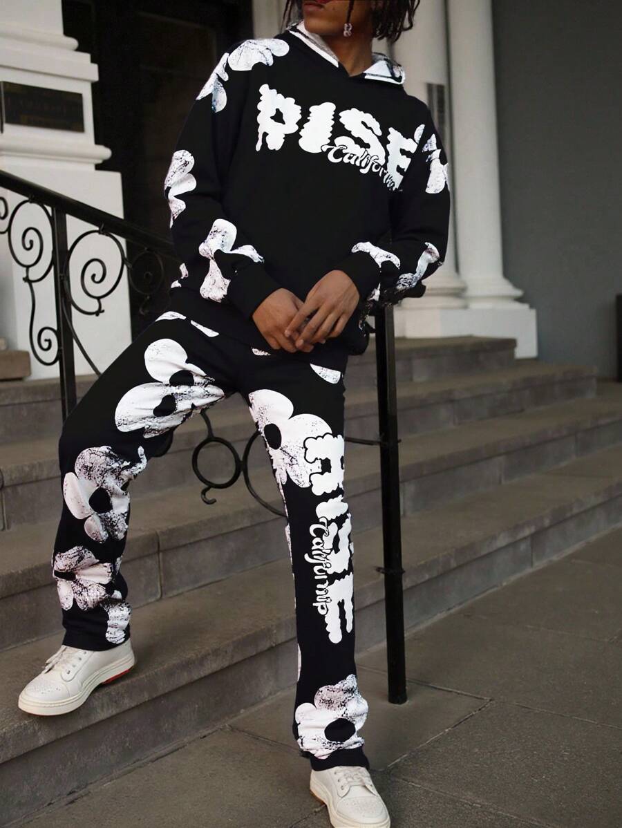Set de 2 piezas de sudadera con capucha y pantalones acampanados con estampado grande de graffiti en estilo deportivo casual para niños adolescentes, adecuado para fiestas, eventos, bodas, bautizos, ceremonias de apertura, uso diario, escuela, viajes y temporadas de primavera, otoño e invierno