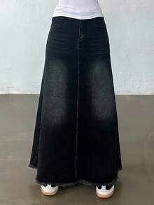 DAZY 女士带口袋毛边直筒宽松休闲牛仔裙 - 深灰色 - 查看 2