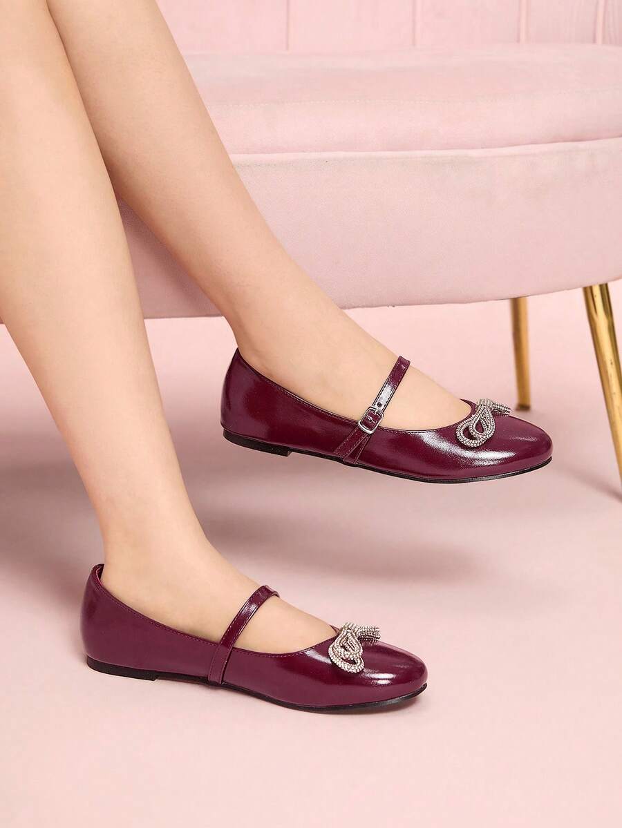 CUCCOO DOLLMOD Women's Wine Red PU Diamond Bow Decor T-Strap Cute Mary Jane Flats - Burgundy - View 1