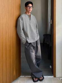 DAZY 男士纯色 1/3 拉链领 T 恤，纹理面料，春/秋 - 灰色 - 查看 3
