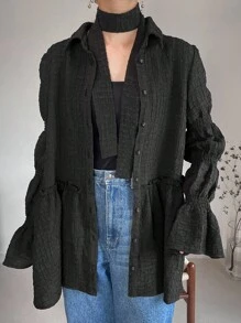 FRIFUL Women's Solid Color Ruffle Sleeve Single-Breasted Loose Casual Shirt Long Sleeve Top - Black - View 7