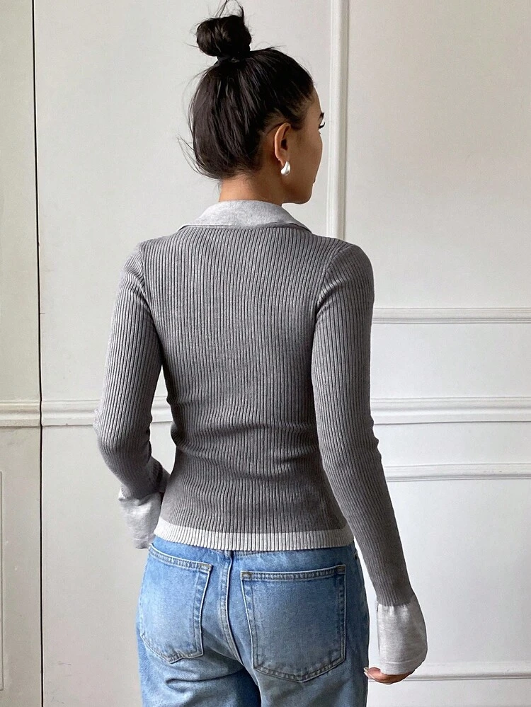 Women's Contrast Color Collared Pullover Sweater, Casual & Slim Fit Fall