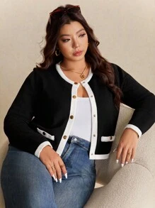Elaquor 秋冬大码女式撞色圆领长袖单排扣休闲针织开衫 - 黑色 - 查看 5