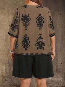 EMERY ROSE Plus Size Women Floral Print Short Sleeve Shirt And Shorts Casual Loose 2 Pieces Set Bohemian Fall Clothes For Women