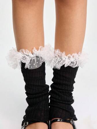 Kawaii 1 par de calentadores de piernas de malla con estampado de lunares y flores lindos