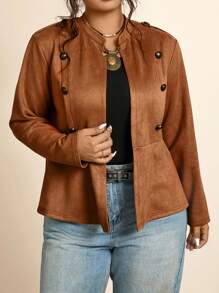 Freevana Plus Size Women's Solid Color Long Sleeve Double-Breasted Casual Jacket Fall Winter Business Casual Chic Suede Jacket - Mocha Brown - View 6