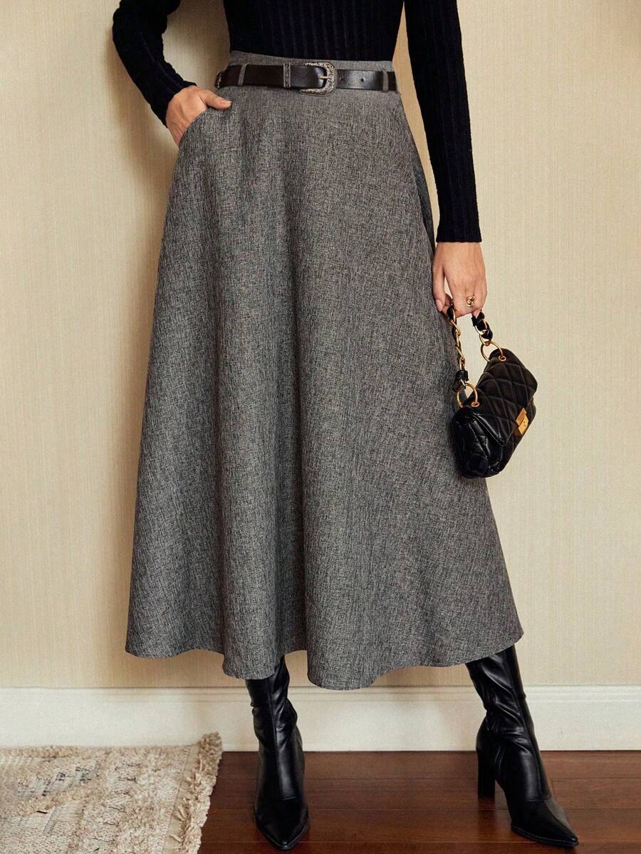 Vintamour 復古優雅女款灰色冬季口袋腰帶裙,辦公商務休閒優雅婚禮賓客返校聖誕音樂會節慶 - 灰色 - 查看 1