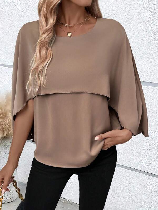 EMERY ROSE Blusa in chiffon da donna elegante e casual, con collo rotondo, colore unito, maniche a mantella a strati, versatile
