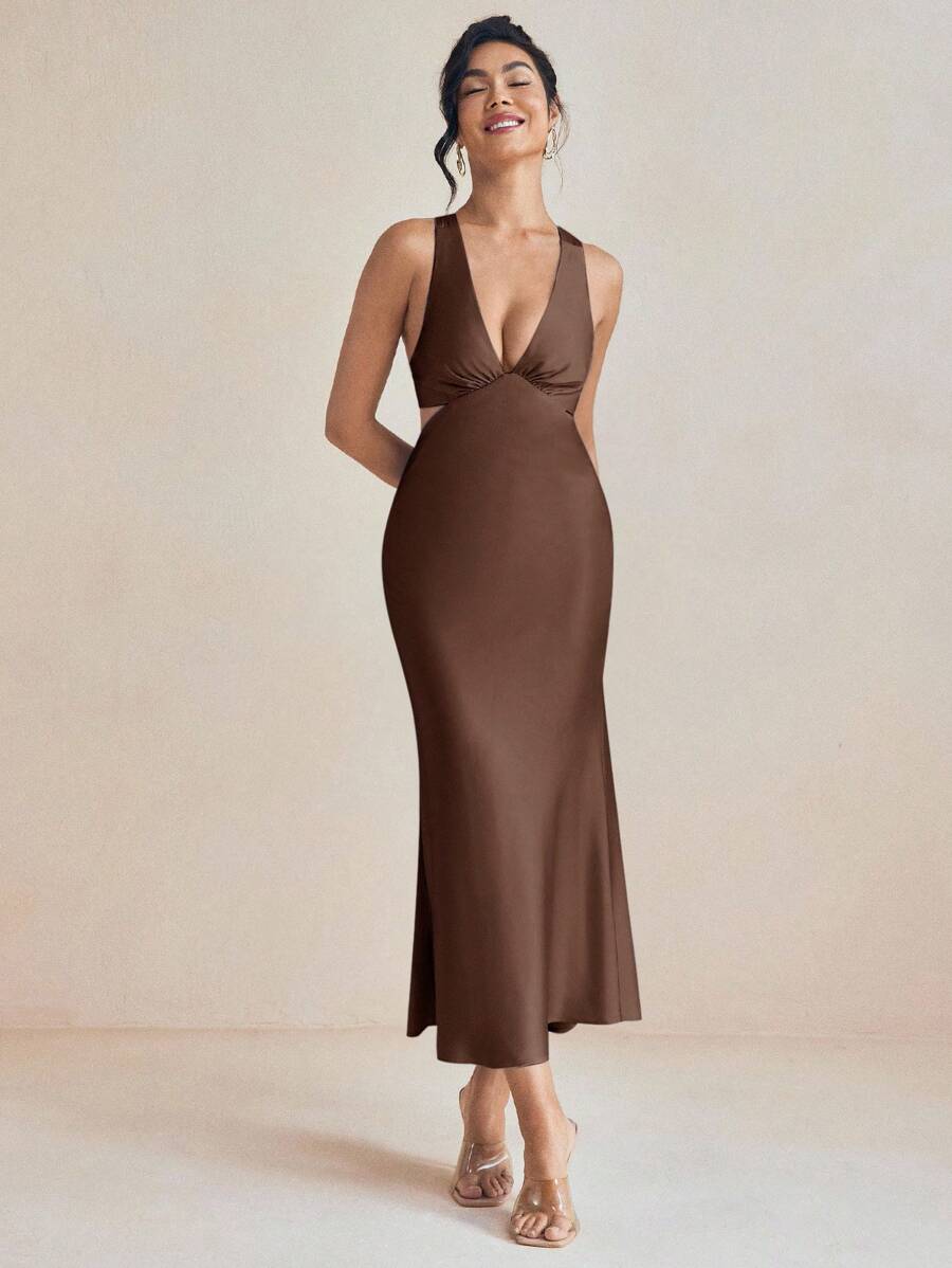 Amiko 棕色斜纹垂坠缎面吊带裙，搭配系带婚礼优雅连衣裙夏季度假 - 棕色 - 查看 1