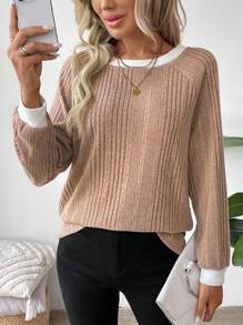 SHEIN LUNE 2024 Autumn Winter Women New Mulled Wine Color Round Neck Sweatshirt,Casual - Mocha Brown - View 6