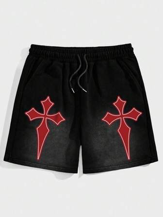 Goth Pantaloncini larghi da uomo con stampa a croce, vita con coulisse e tasche