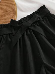 INAWLY Women Solid Color Waist Band Paper Bag Waist Casual Shorts