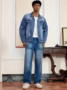 SWAVVY Casual Fashion Versatile Simple Long Sleeve Men's Denim Jacket, Plain, Flap Pocket & Ripped Detail, Grunge, Urban, Work - Blue - View 4