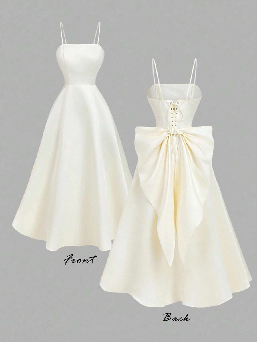 SHEIN MOD 杏色缎面蝴蝶结后背中长连衣裙 - 杏色 - 查看 1