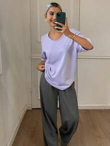 DAZY 2pcs Women Casual Loose Fit Letter Print Short Sleeve Top And Pants Set Pajama - Dusty Purple - View 5