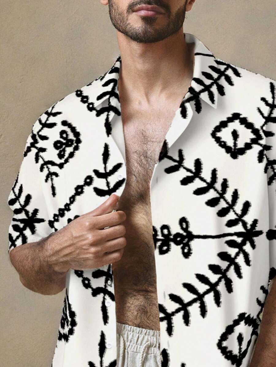 Manfinity VCAY Casual tryckt lös axel kortärmad skjorta för män - Vitt - Visa 1