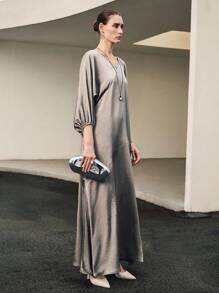 Uhlyne 女士休闲度假通勤纯色 V 领宽松弹力七分袖连衣裙，秋季 - 灰色 - 查看 5