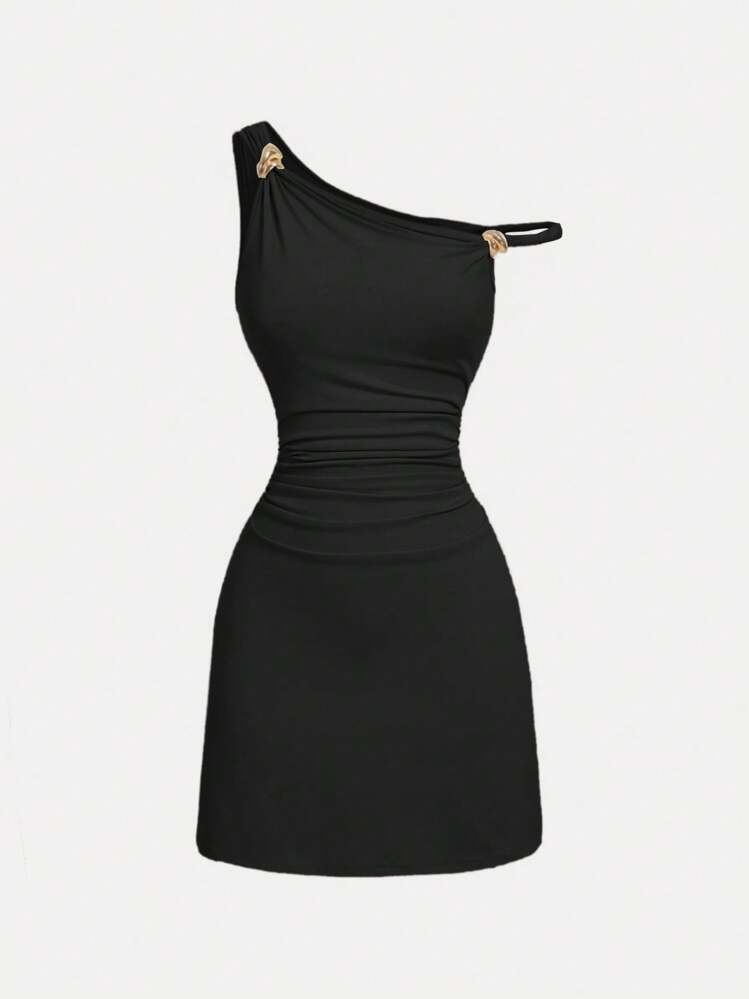 SHEIN MOD Women's Asymmetric Collar Fitted Ruched Metal Buckle Black Dress,Club  Outfits Women Sexy | SHEIN USA