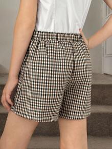SHEIN Tween Girls' Fashionable Elegant Woven Plaid Metal Decor Button Shorts