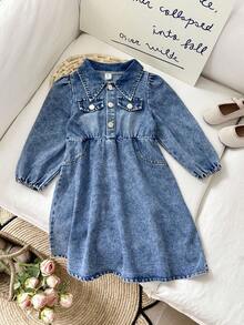 SHEIN Girls' Autumn Stylish High-End Washed Denim Dress, Suitable For Mild Weather Travel, Vacation, School Events, Parties, Birthdays - Baby Blue - View 5