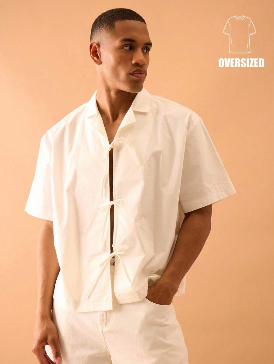 Musero 系带宽松短袖衬衫秋季时尚街头风格度假 - 白色 - 查看 1