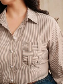 Anewsta Blusa de manga larga a rayas de estilo callejero para mujer, elegante y sofisticada para otoño, invierno, salir, elegante, formal, fiesta, chic, Año Nuevo, Navidad, trabajo, graduación - Caqui - Ver 2