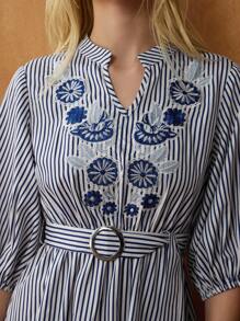 Écloséra 优雅蓝白条纹刺绣灯笼袖V领束腰复古法式连衣裙，适合春秋季女士 - 藍白色 - 查看 3