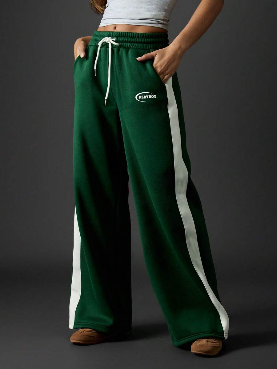 Missguided x Playboy Vintage Style Wide Leg Sweatpants Racing Stripe Side Panel Contrast Retro Track Pants Joggers With Drawstring Elastic Waist Double Side Pockets Fall Winter - Green - View 1