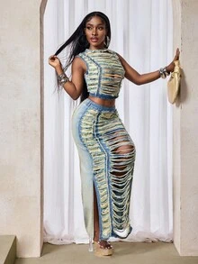 Slaydiva 女式破洞侧开衩时尚牛仔迷你裙 - 深色水洗藍 - 查看 5