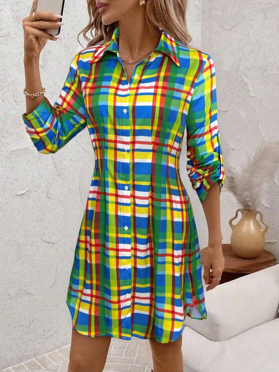 SHEIN Clasi Women's New Fashion Colorful Plaid Print Shirt Dress, Suitable For Commuting, Work, Outing, And Dating - Multicolor - View 1