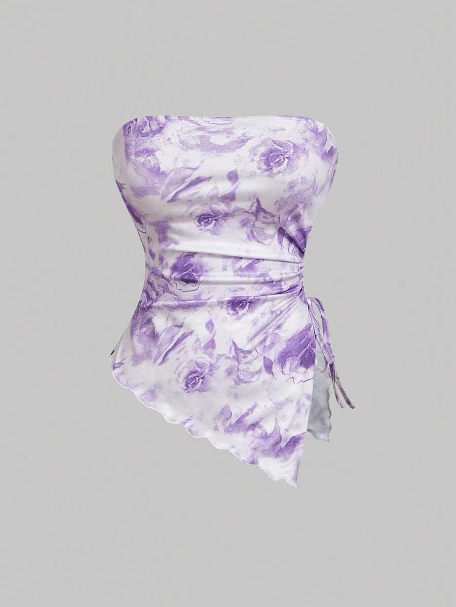 SHEIN MOD 带侧抽绳的抹胸，不对称下摆，复古印花抹胸，秋季上衣，上衣，外出上衣，紧身上衣 - 紫色 - 查看 1