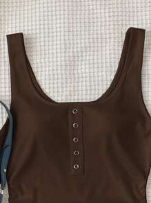 SHEIN Atasan Tank Top Kasual Putih Polos Bergaris untuk Remaja Perempuan dengan Kancing Logam dan Model Racerback Atasan Cokelat untuk Remaja Perempuan - Coklat - View 4