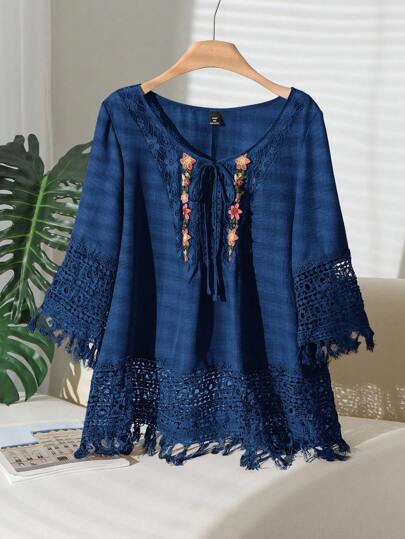 CosyJoli 大码女式花卉刺绣撞色蕾丝七分袖宽松衬衫