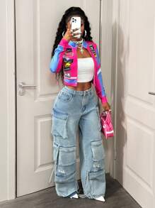 BamGleam 女式摩托车字母印花短款轻便夹克