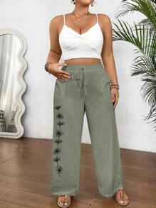 Linhara Pantaloni da donna taglie forti con stampa floreale e vita annodata, adatti per le vacanze - Verde militare - Visualizzare 5