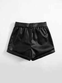 SHEIN Tween Girl Rolled Hem Belted PU Leather Shorts - Black - View 2