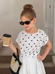 SHEIN Tween Girls' Woven Heart Pattern Round Neck Batwing Sleeve Casual Shirt - Multicolor - View 8