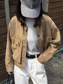 DAZY Women's Color Block Patchwork Collar Short Denim Jacket With Large Pockets, Casual Street Style