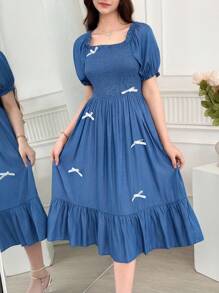 SHEIN 少女纯色泡泡袖蝴蝶结装饰休闲夏装 - 藍色 - 查看 3